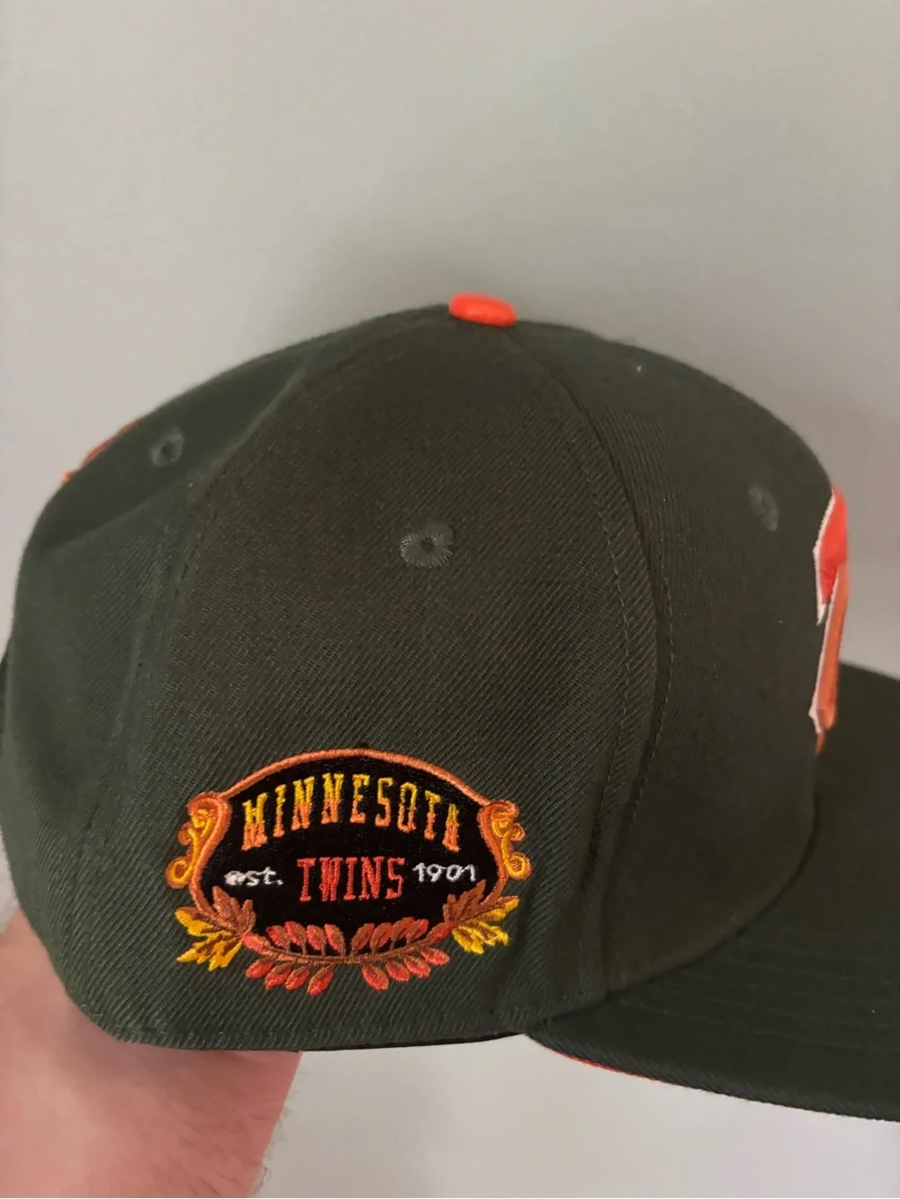 Men's Olive Green Snapback Hat with Orange Embroidered Logo